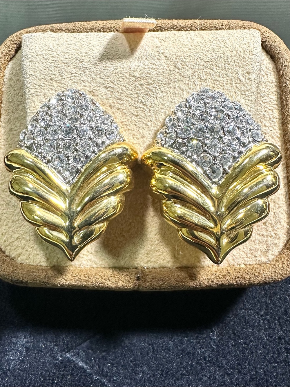 NOS/ Vtg Pave Rhinestone Tulip Clip On Earrings